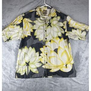 Tommy Bahama Silk Hawaiian Shirt Mens Large Button Hibiscus Black Yellow‎